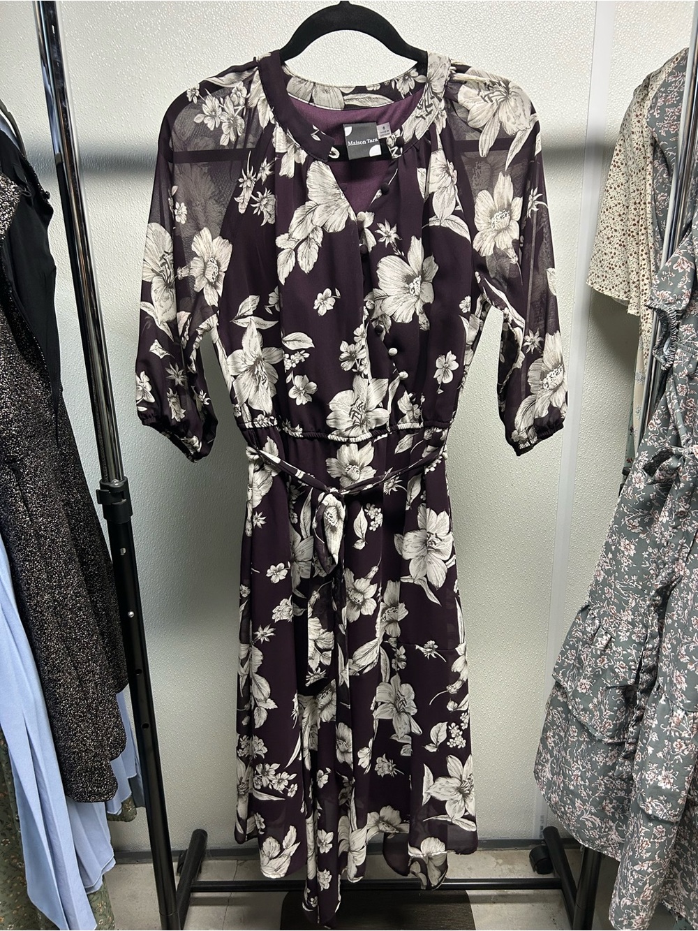 Maison Tara Plum and White Floral Asymmetrical Midi Dress